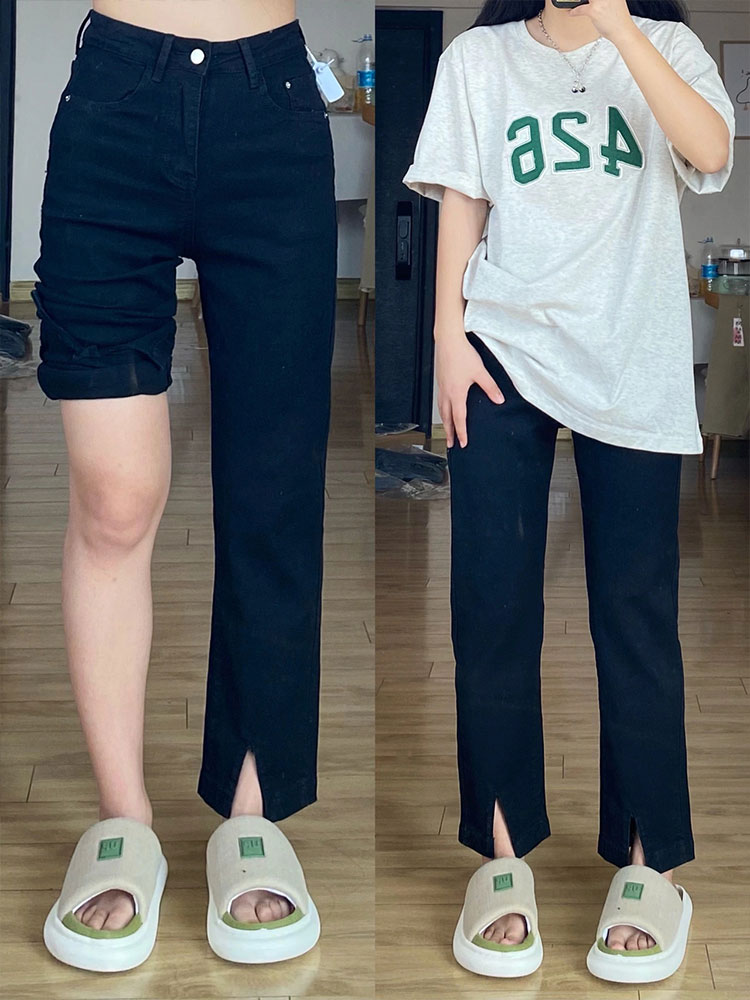 黑色开叉牛仔裤女适合梨形身材直筒裤子大码胖mm高腰显瘦九分裤秋