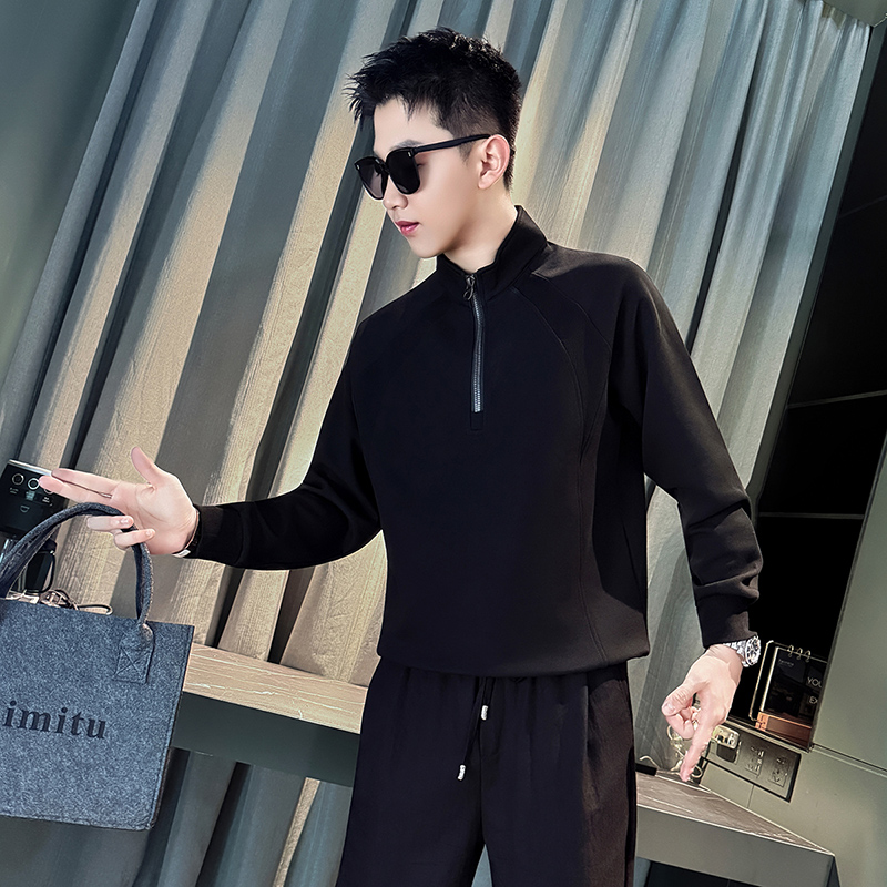 W993-P68半拉链卫衣男痞帅T恤白色长袖上衣内搭春秋季外套t-1，男装T恤，电商D319