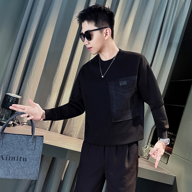 W995-P58 贴布口袋卫衣男仿牛仔印花T恤春秋季长袖男装外套t，男装T恤，电商D319