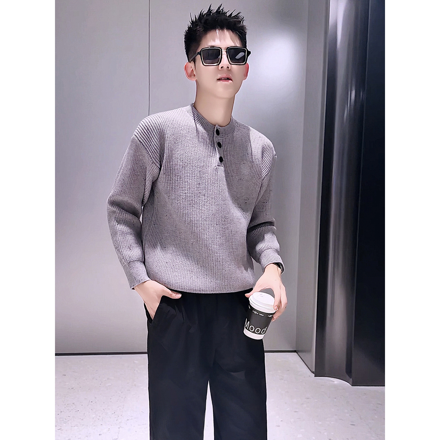 M55-P88学院风立领纽扣针织衫男灰色休闲毛衣潮牌罗纹套头衫，男装针织衫/毛衣，电商D319