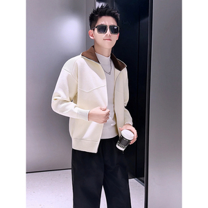KS57-P88 休闲风撞色翻领针织开衫男秋冬宽松拉链毛衣外套图片