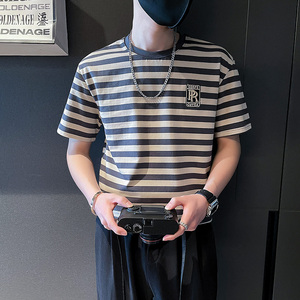6486-P48 夏季条纹T恤ins潮牌短袖新款半截袖男装上衣百搭-2 控68图片