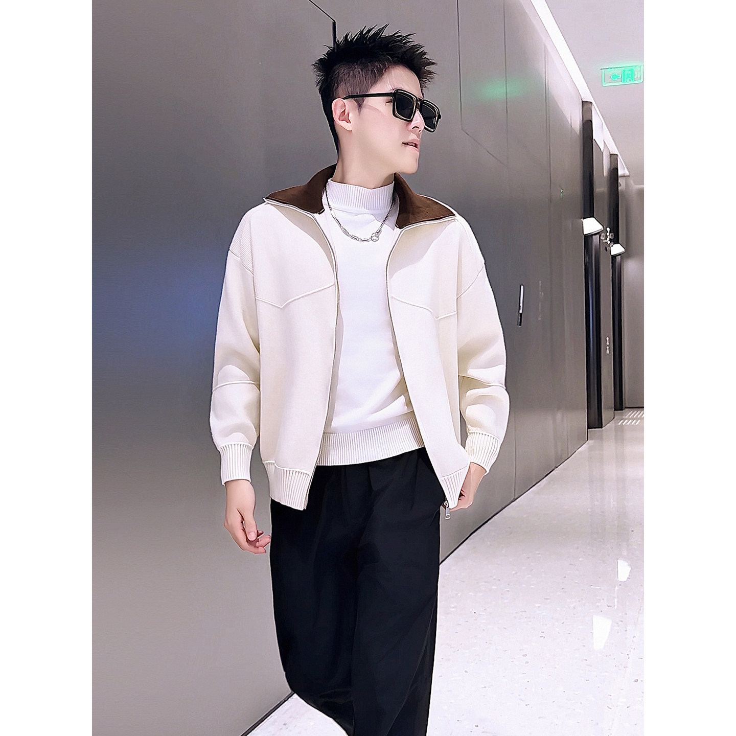 KS57-P88休闲风撞色翻领针织开衫男秋冬宽松拉链毛衣外套,男装针织衫/毛衣,电商D319