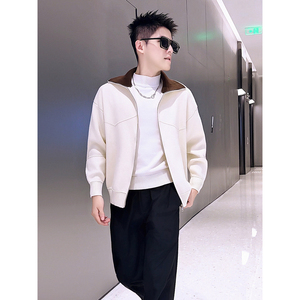 KS57-P88 休闲风撞色翻领针织开衫男秋冬宽松拉链毛衣外套图片