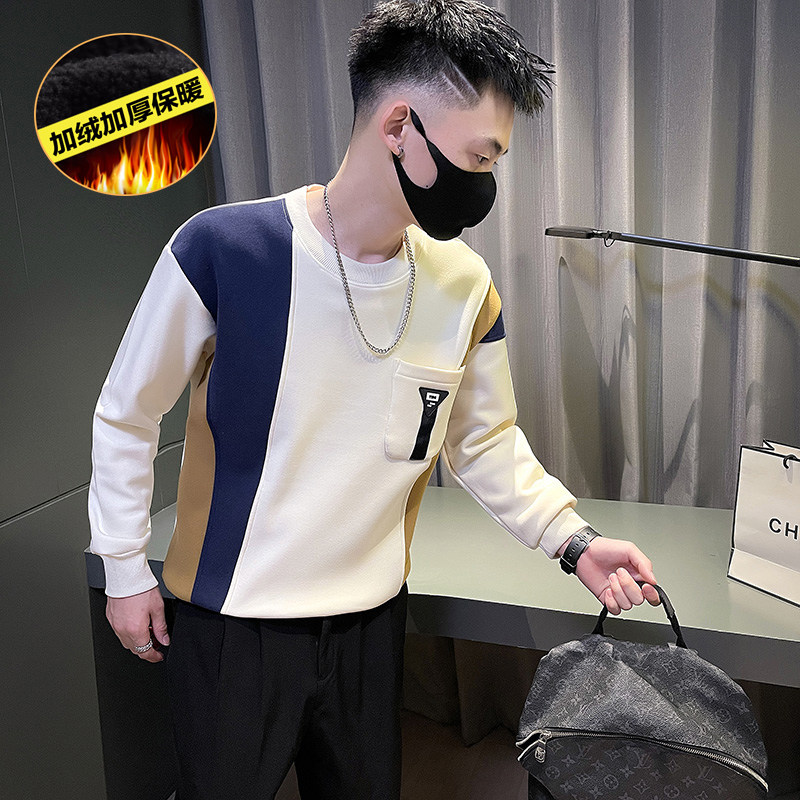 6687-P78 冬季拼色条纹加绒加厚保暖长袖T恤男士卫衣-6 控108图片