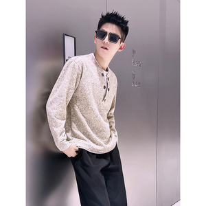 M54-P98 美式复古亨利领排扣毛衣男加绒保暖设计感针织衫外套图片