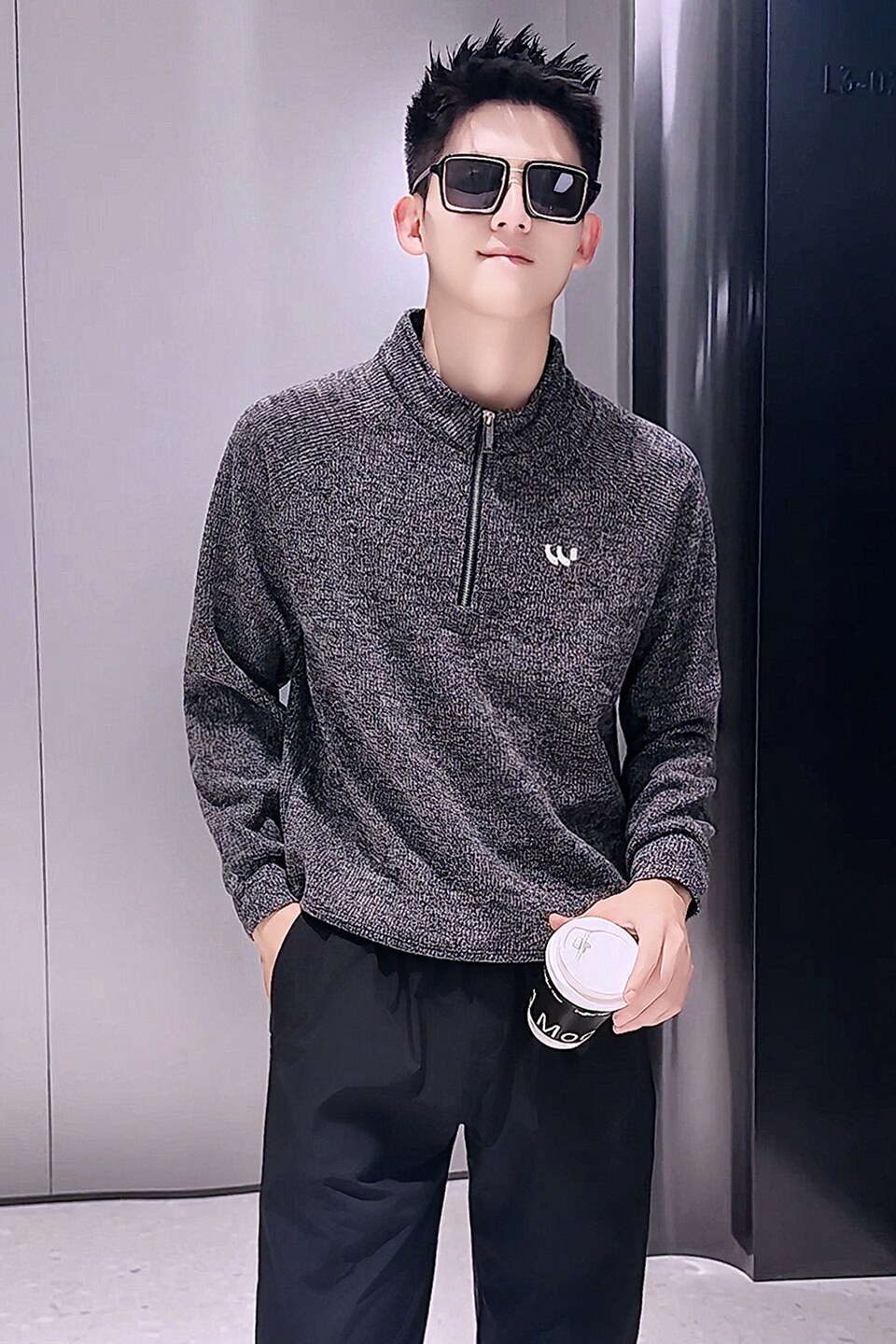 W52-P88男士立领半拉链针织衫灰色加绒保暖休闲百搭卫衣冬季,男装针织衫/毛衣,电商D319