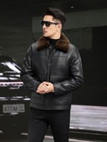 Winter Haining top-grain cowhide genuine leather jackets, men's short leather jackets, middle-aged and elderly golden mink fleece thick-lined jackets thumbnail 6