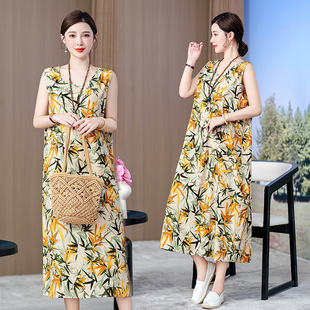 碎花裙凉爽透气人造棉裙中年妈妈睡裙 无袖 夏季 新棉绸连衣裙女长款