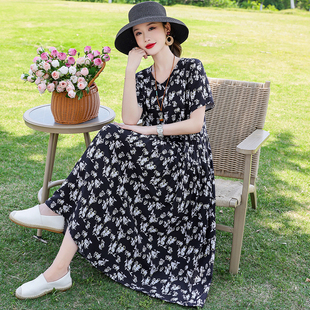 减龄淑女大摆裙流行爆款 棉绸连衣裙女时尚 气质妈妈沙滩裙 新款 夏季