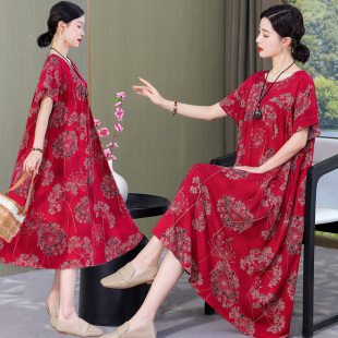 新款 人造棉碎花裙200斤凉爽透气中年妈妈睡裙 棉绸连衣裙女中长款