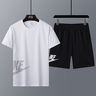 t恤薄款 短袖 男士 速干两件套 大码 短裤 夏季 潮流冰丝运动休闲套装