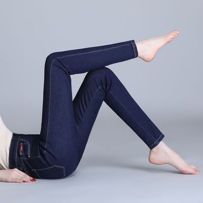 欧货深蓝高腰弹力牛仔裤女秋季新款大码显瘦紧身小脚裤九分铅笔裤