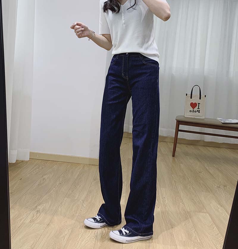 夏薄款丹宁深蓝高腰拖地牛仔裤女宽松直筒阔腿裤大码垂感显瘦长裤