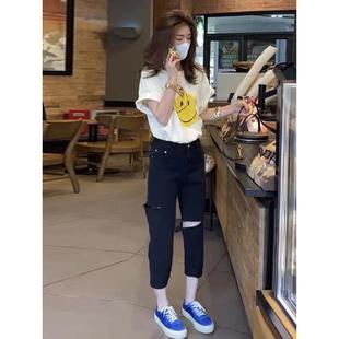 小个子萝卜裤 高腰显瘦宽松哈伦老爹裤 女九分初秋款 黑色破洞牛仔裤