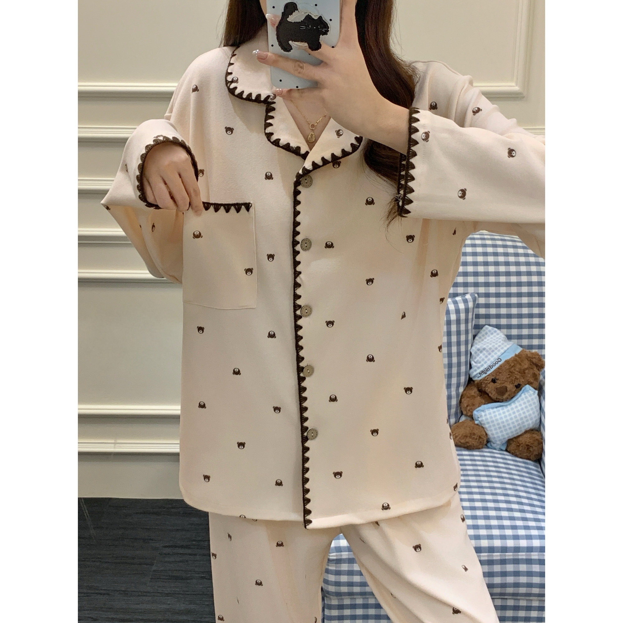 韩版可爱小熊子带胸垫睡衣套装