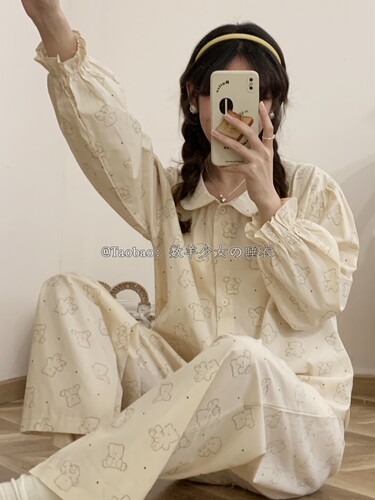 少女の睡衣女春秋季可爱素描小熊韩版娃娃领学生高颜值纯棉家居服