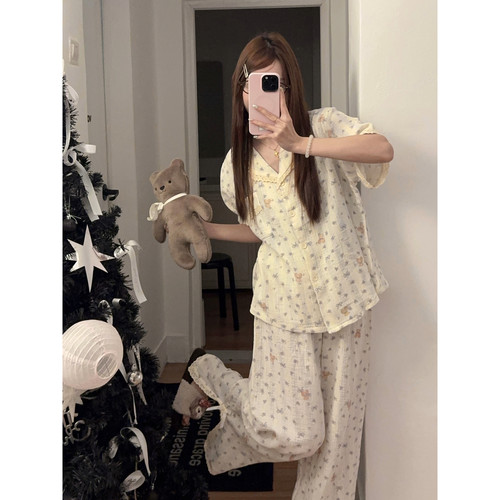 韩系A类婴儿棉春夏小熊蕾丝睡衣