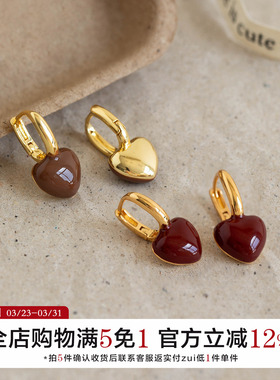 有北手作 法式复古红色爱心滴釉耳环甜美百搭高级感气质耳圈耳扣