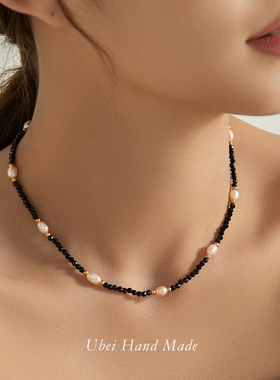 复古黑尖晶天然石珍珠串珠项链