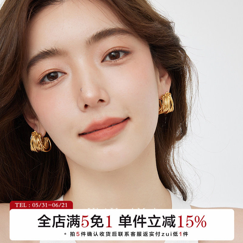 有北手作 小众高级感气质镂空金属绕线耳环复古港风C形圈圈耳钉
