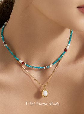 复古宫廷风孔雀蓝石串珠项链i