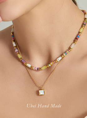 复古叠戴天然石串珠项链白海贝