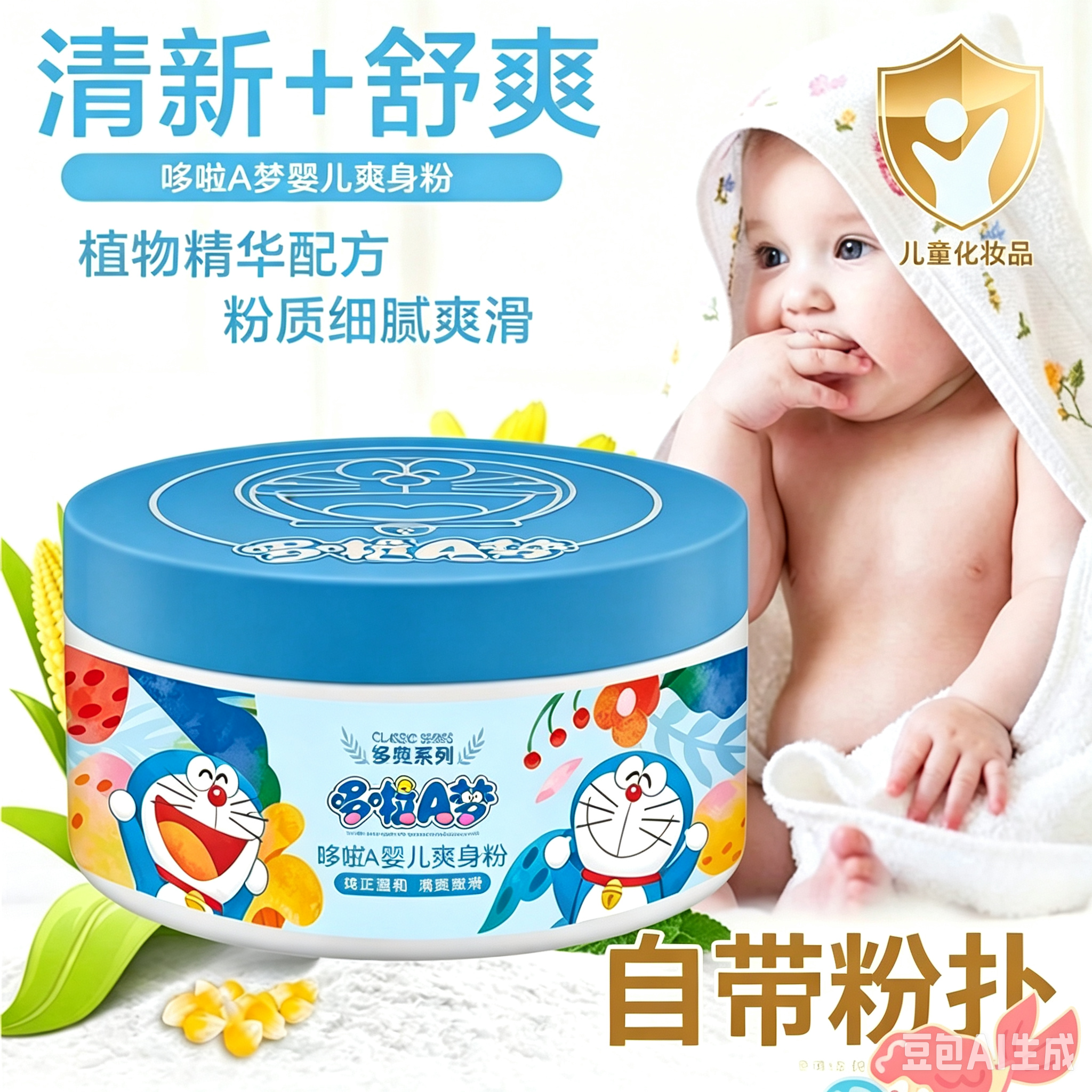 哆啦A梦婴儿爽身粉清凉痱子粉儿童宝宝舒爽吸湿汗带粉扑清新爽滑