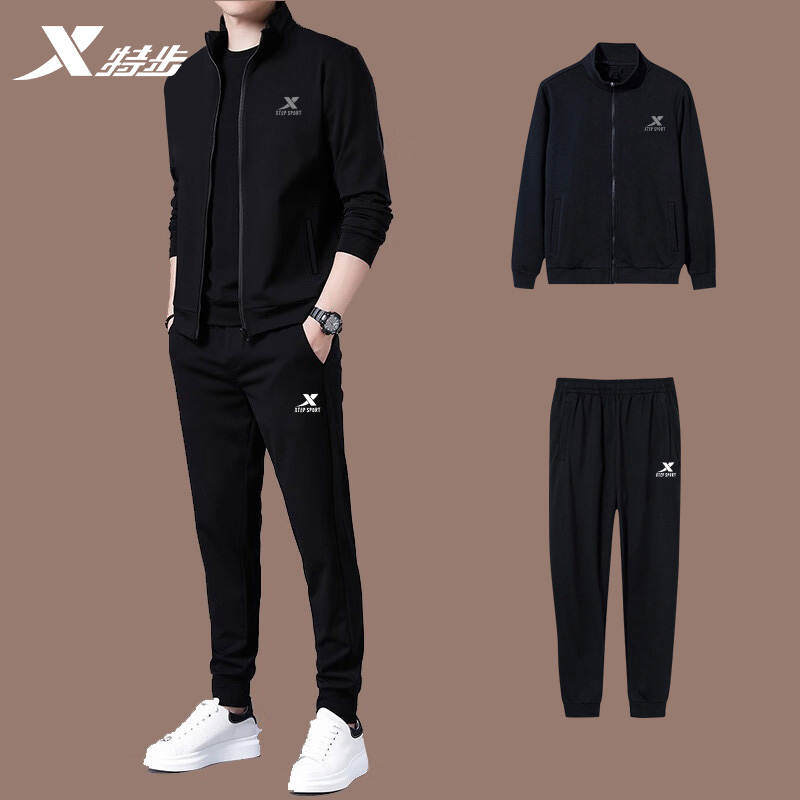 特步长袖运动套装男2025夏季宽松大码夹克休闲运动服跑步健身外套