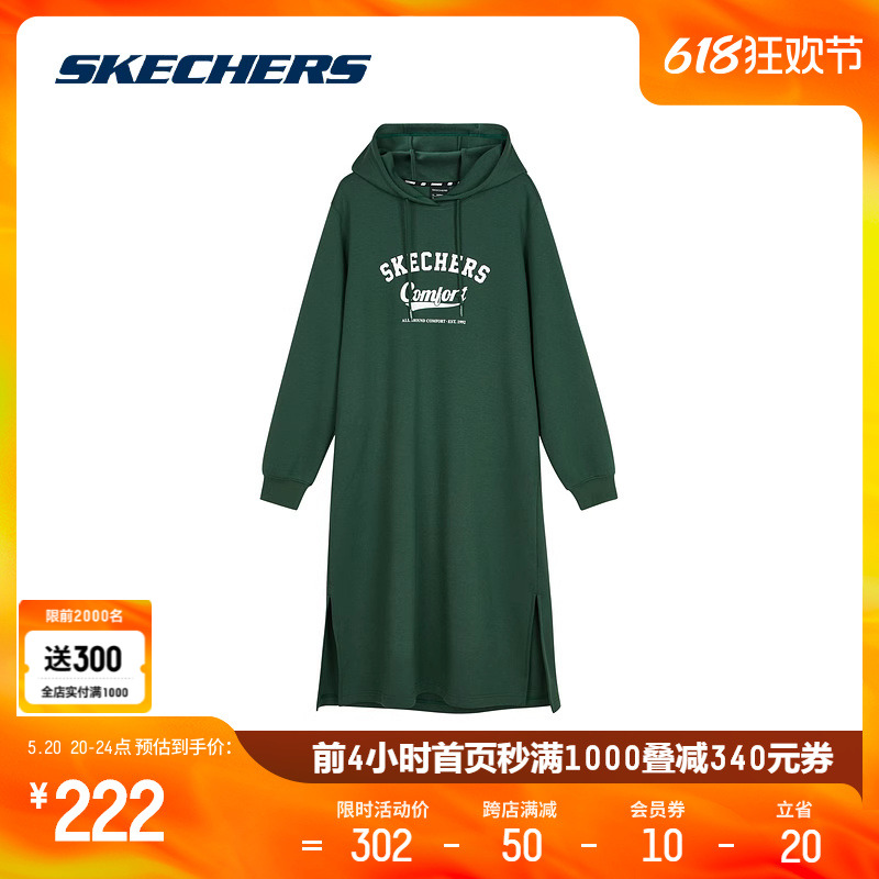 Skechers斯凯奇春季女子连帽卫衣连衣裙休闲运动时尚百搭宽松舒适