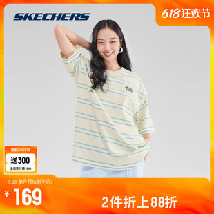 潮流百搭情侣衣 运动T恤落肩条纹短袖 款 Skechers斯凯奇2024年夏季