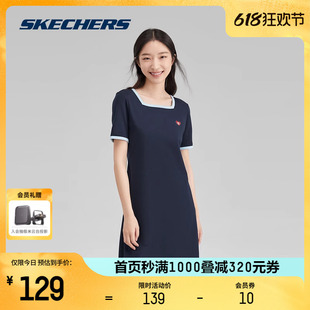 收腰裙子 连衣裙方领休闲百搭时尚 女子运动短袖 Skechers斯凯奇夏季