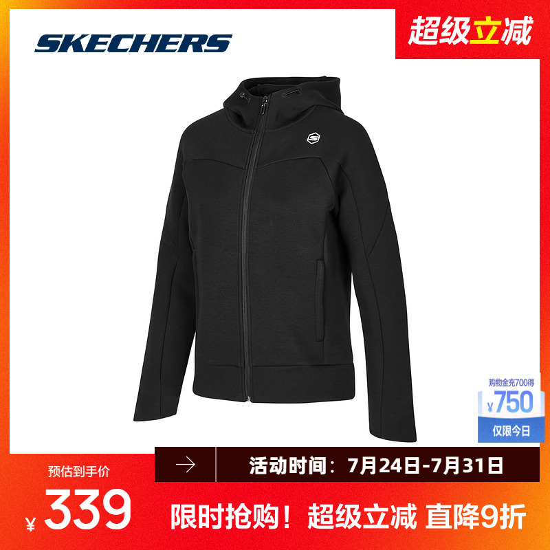 斯凯奇秋季新品女子连帽外套舒适针织面料碳黑色宽松版型潮流搭配