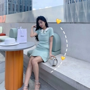 Yuan Jiaren 2019 đầu thu mới của phụ nữ váy chữ A búp bê cổ áo lỏng lẻo cho nữ nhỏ nước hoa màu xanh nhạt - A-Line Váy