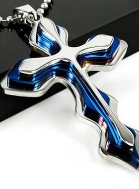 蓝色男士钛钢项链十字架吊坠