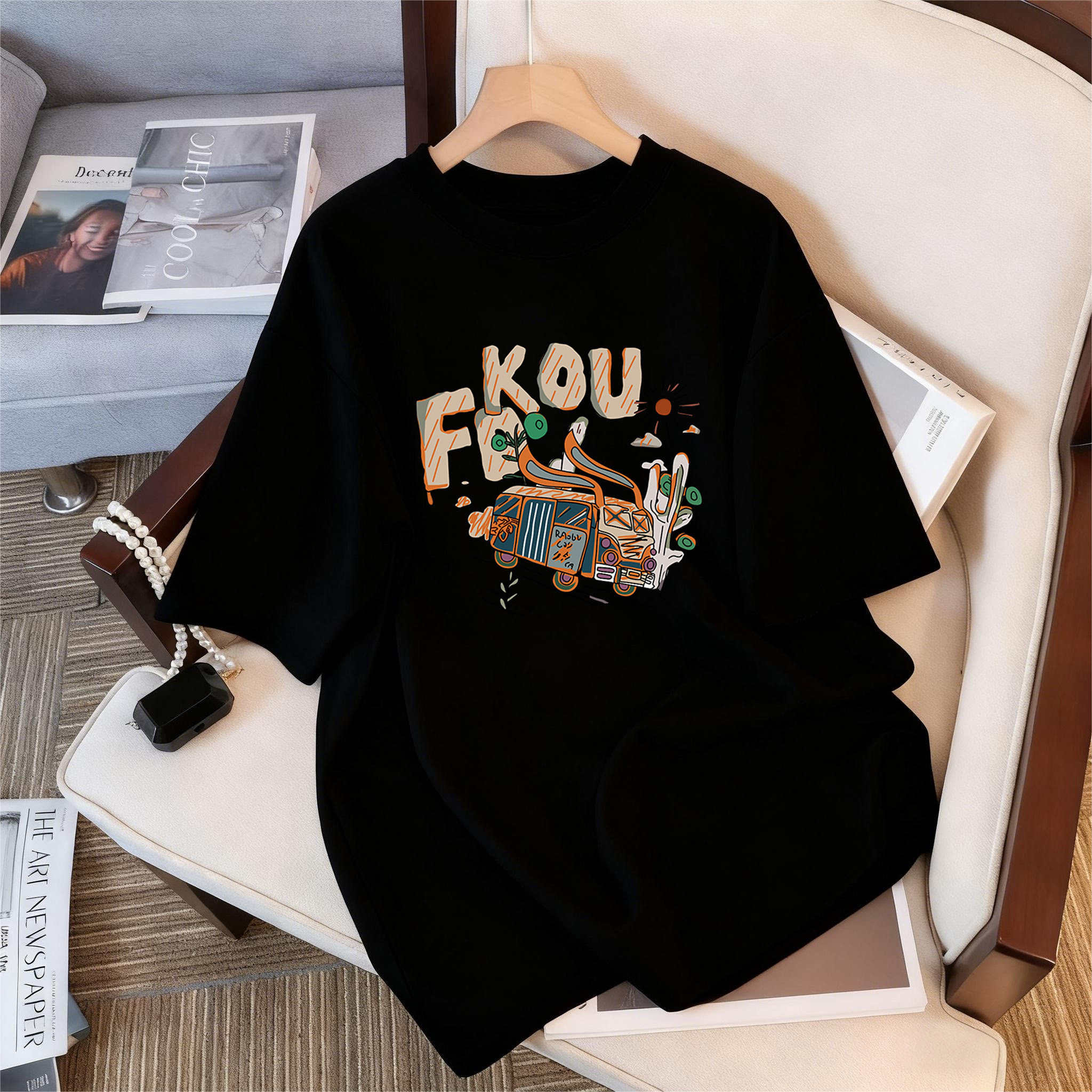 欧货黑色中长卡通印花短袖t恤女款宽松纯棉大版休闲减龄圆领上衣