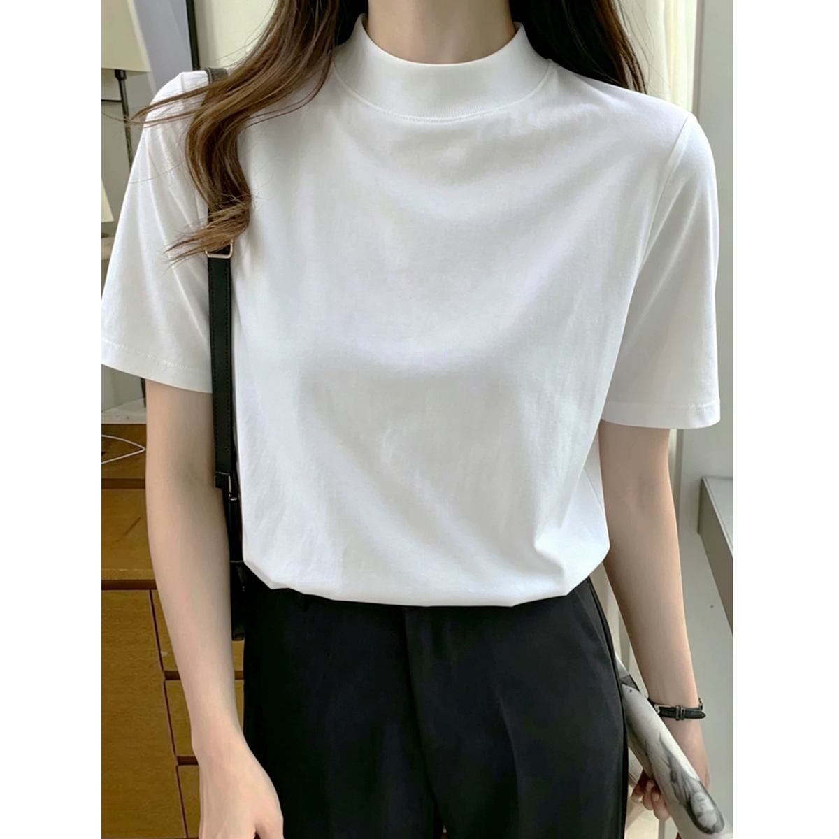 半高领纯棉短袖显瘦打底T恤女