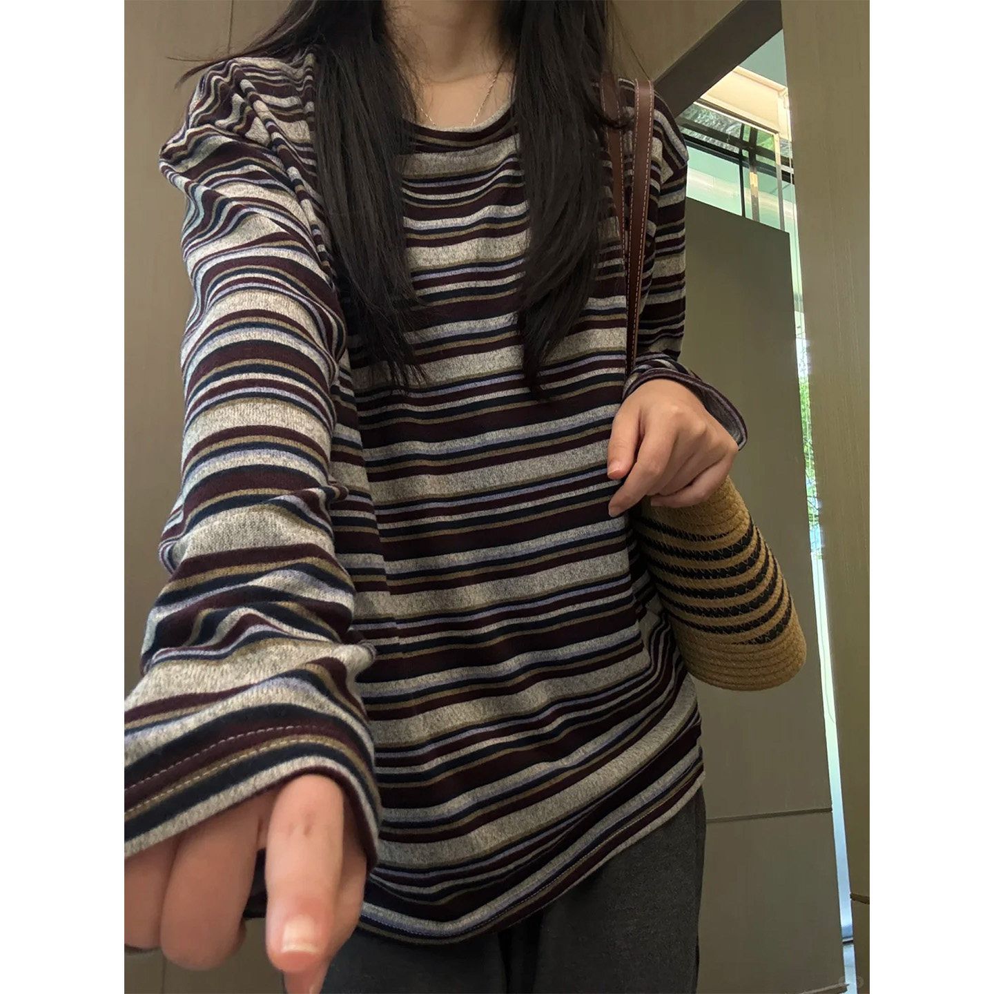长袖宽松休闲潮牌女款条纹T恤衣服春秋新款洋气2026薄款显瘦上衣