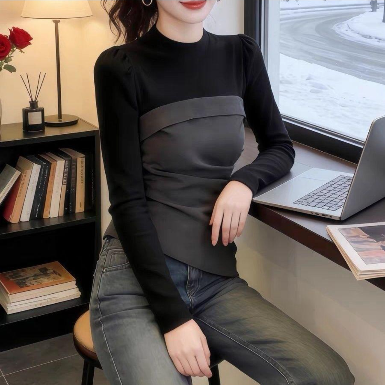 高级感不规则拼接假两件纯棉长袖T恤女春秋修身显瘦内搭上衣百搭