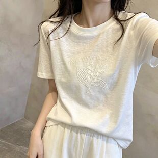 白色刺绣短袖T恤女夏季新款宽松薄款上衣简约百搭休闲大码上衣潮