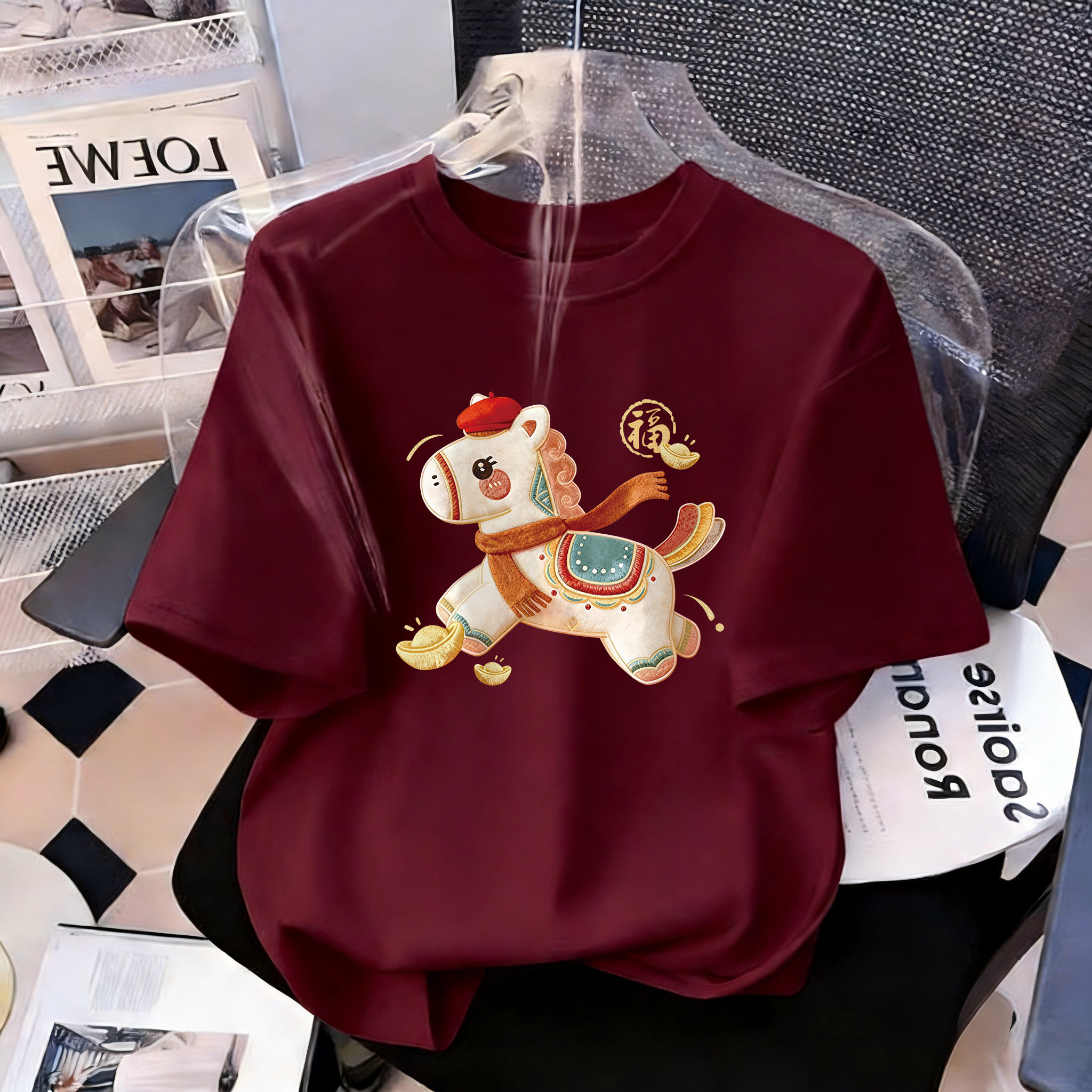 小马印花圆领正肩短袖t恤女2026新款胖mm大码穿搭洋气遮肚子上衣