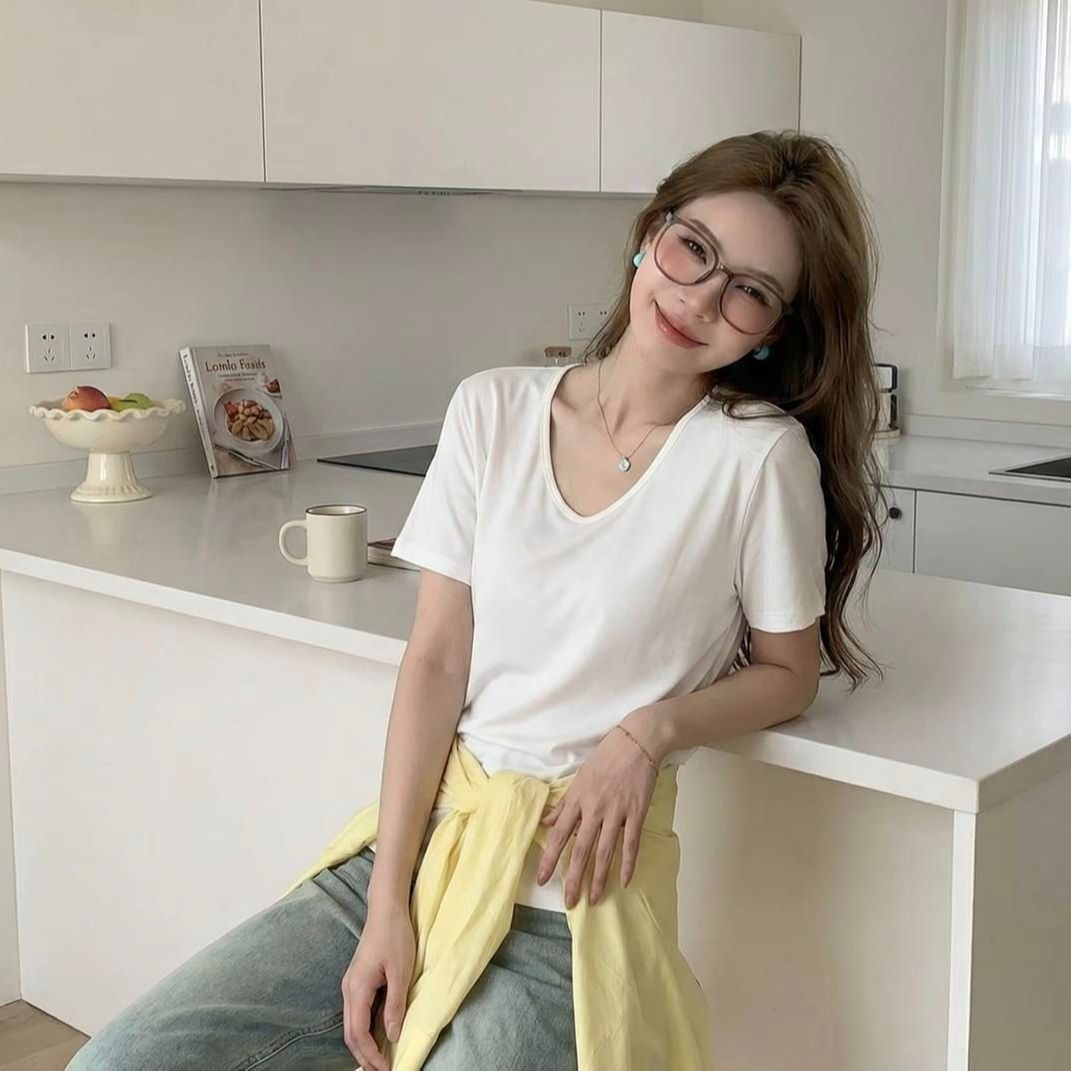 夏季新款女款宽松显瘦桃领纯棉短袖T恤女慵懒松弛休闲时尚百搭风