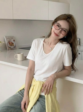 夏季新款女款宽松显瘦桃领纯棉短袖T恤女慵懒松弛休闲时尚百搭风