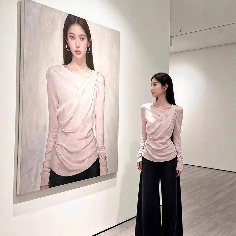 粉色露肩假两件长袖t恤女2026春夏季新款修身收腰打底上衣精致mm