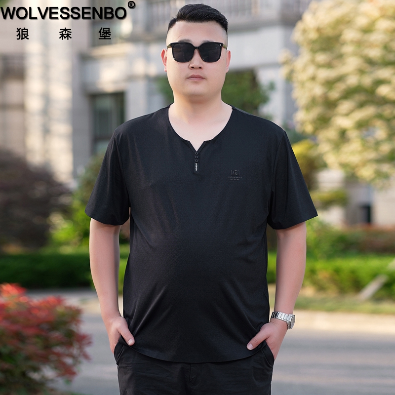 加肥加大码v领T恤男胖子宽松上衣