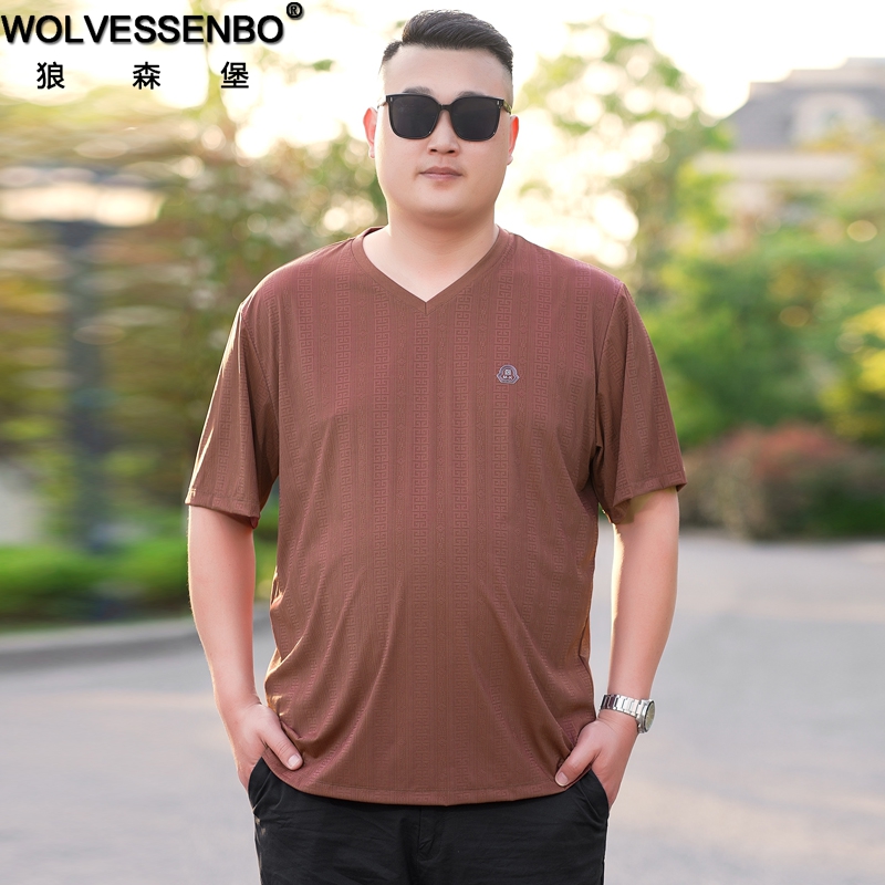 夏季加肥加大码V领冰丝短袖T恤男