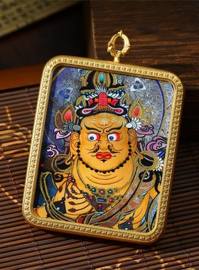 【热贡手绘】手绘描金藏式黄财神前世今生扎基拉姆吊坠项链磨砂钛