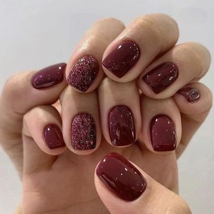 短款 ins风穿戴甲批发nails 纯色酒红爆闪美甲片欧美时尚