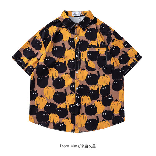 黑色肥猫vintage男女短袖衬衫