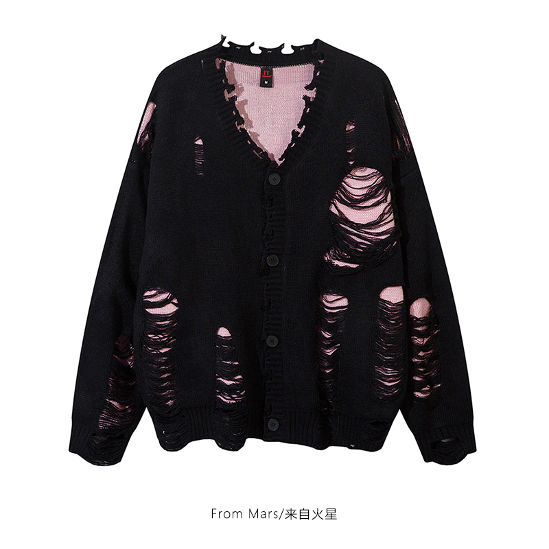 设计感破洞V领慵懒开衫针织毛衣